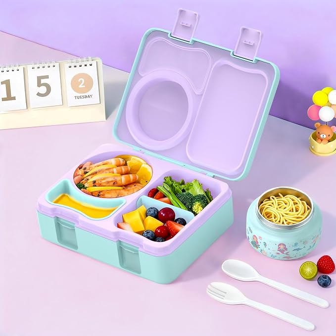 Bento Box for Kids, Leakproof Kids Lunch Box with 8.5OZ Thermo Food Jar & Lunch Bag, 3-4 Compartments Toddler Insulated Lunch Box for Girls, BPA Free Lunch Containers for School Daycare
