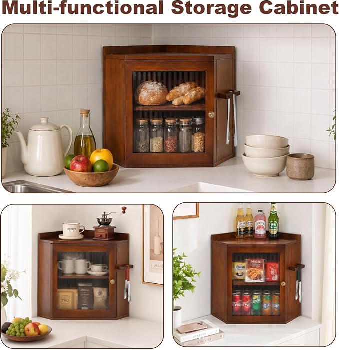 Corner Bread Box For Kitchen Countertop,2 Tier Bread Bin With Acrylic Door Panel,Adjustable Shelf & Hanging Rack,Food Storage Box For Kitchen,Dining Room,Pantry