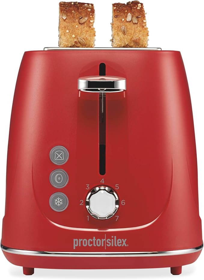 Proctor Silex 2 Slice Toaster With Bagel, Defrost & Cancel Buttons | Browning Control With 7 Shades | Auto Shutoff | Wide Slots | Toast Boost | Slide-Out Crumb Tray | Red | 22661
