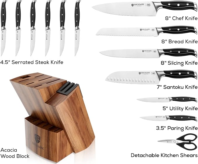 15Pcs High Carbon Stainless Steel Knife Set with Block, Ultra Sharp | Premium German Steel Kitchen Knives with Sharpener, Ergonomic Black Handle, Acacia Wood Block, Elegant Gift for Home Chefs