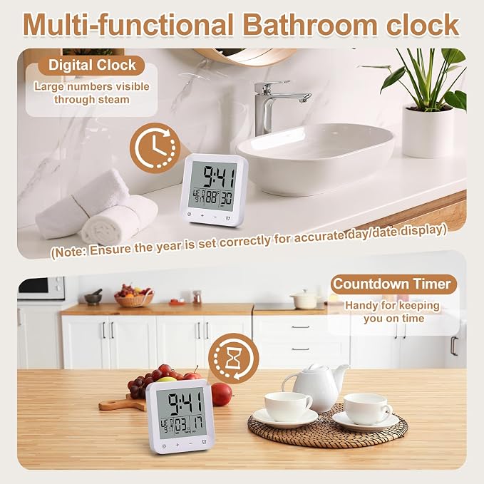 XINKORA Waterproof Shower Clock with Timer, Bathroom Wall Clock Displaying Temperature, Date & Day, Battery Operated LCD Digital Clock for Bath, Kitchen (White)