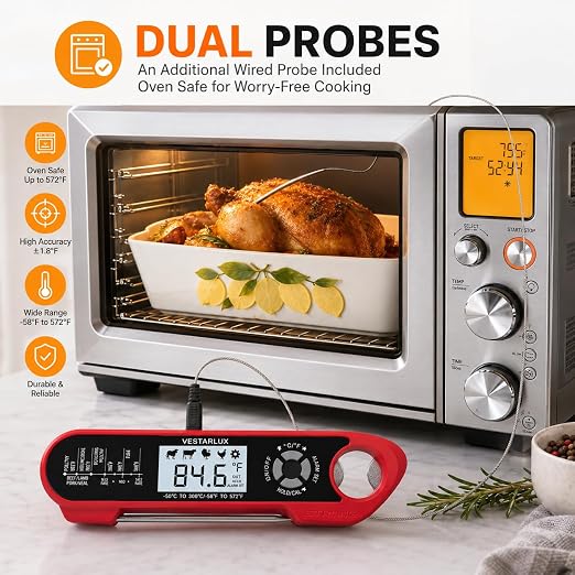 Dual Probes Digital Instant Read Meat Thermometer Waterproof Kitchen Food Cooking Thermometer Backlight, Alarm, °F/°C for BBQ Grill Smoker Steak Turkey Frying Baking Oven Water Oil