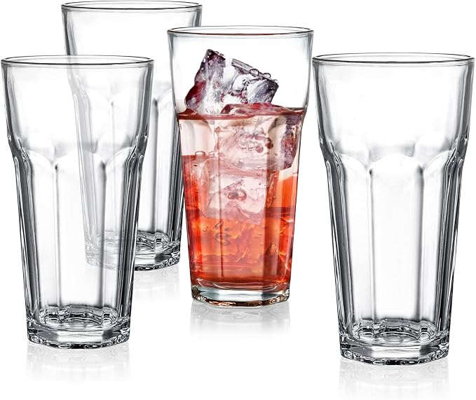 Yopay Set of 8 Highball Drinking Glasses, 12oz Lead-Free Tempered Water Glasses Thick Heavy Base, Clear Iced Hot Tea Glassware for Cocktail, Juice, Milkshake, Soda Beer Tumbler Cup