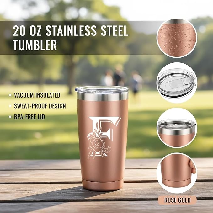 Letter F Insulated Travel Cup with Lid, Personalized Initial Mugs for Women, Letter F Gift Coffee Mugs for Women, Wife, Mom, Grandma, Bridal Shower Gifts, 20 OZ Rose Gold Two Lids