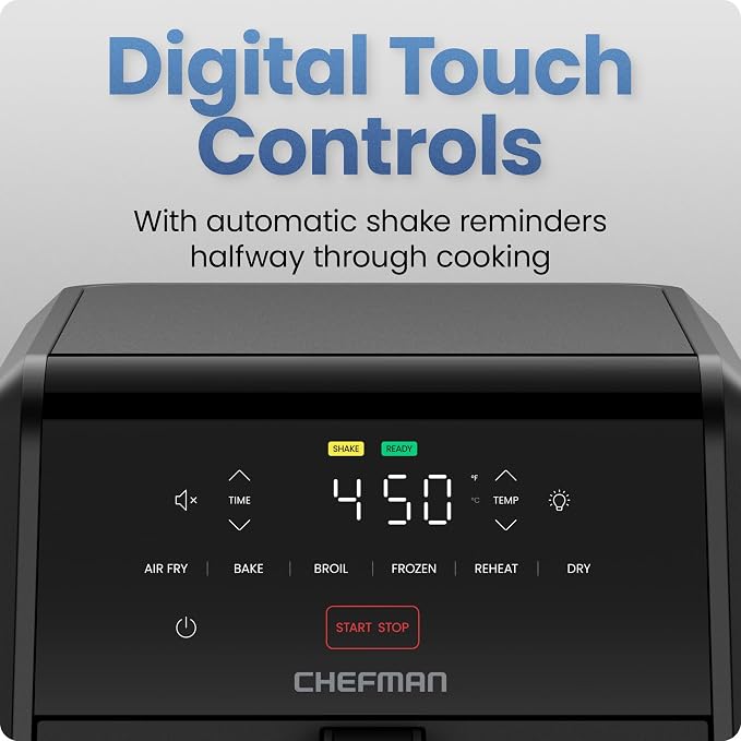 Chefman Air Fryer TurboFry 7-Qt, 6-in-1 High-Powered 450°F Cooking for Crispier Results, Compact Space-Saving Design, Air Fry, Bake, Broil, Reheat, Dehydrate, Defrost, Fast & Even Cooking – Black