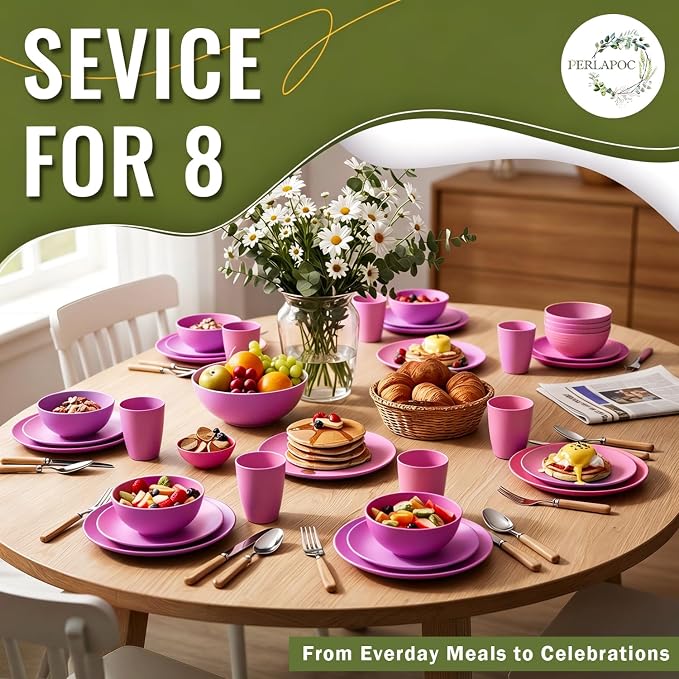 Wheat Straw Dinnerware Set 40 PCS | Service for 8 | Unbreakable Plates and Bowls Sets Plastic Reusable Dishes Sets Dinner Plates, Cereal Bowls, Water Cups Kitchen Set for Home RV- Pink