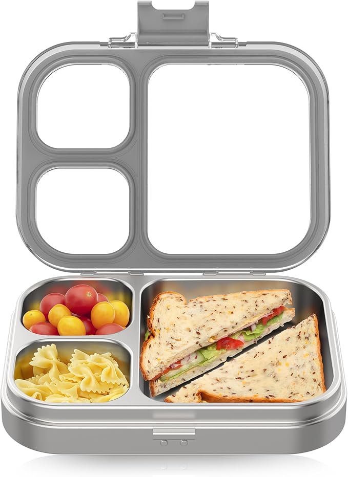 HOMEKOL Stainless Steel Bento Lunch Box, Grey, 3.3Cups | 3-Compartment,Leak-Proof, for Kids & Adults, BPA-Free, Dishwasher Safe, Clear Tritan Lid, 800ml (Not Insulated)