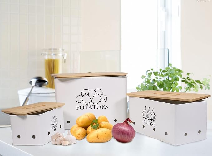 Kitchen Vegetable Storage Tins Set of 3 for Potato Onion & Garlic with Wooden Lid and Aerating Holes, Kitchen Storage Canisters Set, Vintage Kitchen Decor - White