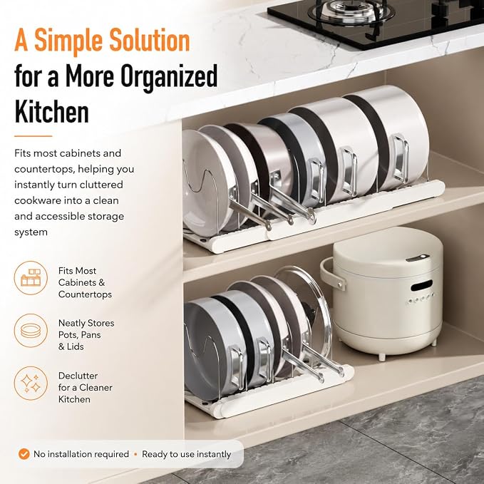 Expandable Pots and Pans Organizer Under Cabinet, Pan Organizer Rack with 9 Adjustable Slots, Pot Lid Holder for Cabinet, Countertop, Plates, Cutting Boards, Baking Sheets-White