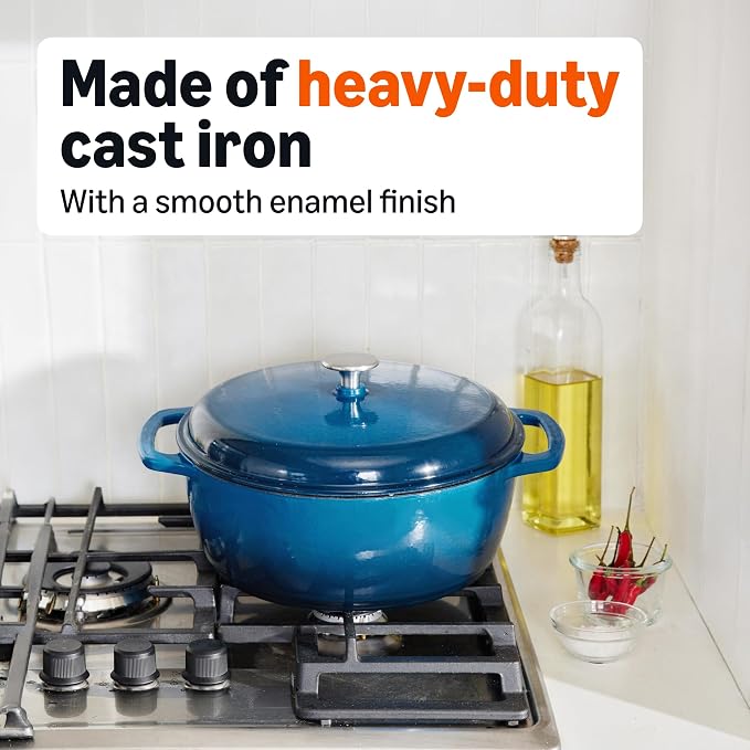 Amazon Basics Enameled Cast Iron Dutch Oven Pot with Lid, Round, Dual Handles, Heavy-Duty, Oven Safe for Stews, Roasting, Baking,4.3-Quart, Blue