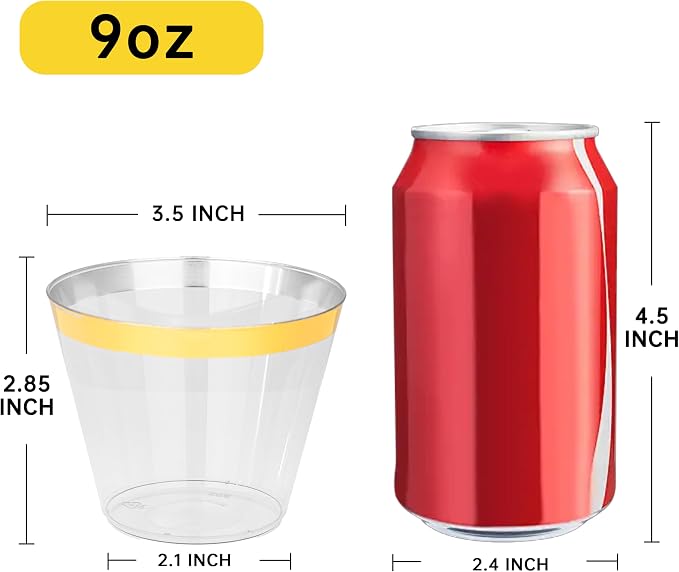 I00000 Heavy Duty Plastic Cups, 9 oz, Gold Rimmed, Clear, 100 Count, BPA Free, Disposable, for Party & Wedding