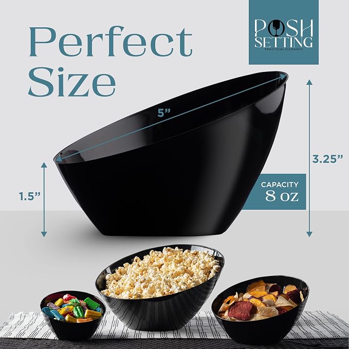 5 Pack Black Angled Plastic Serving Bowl Disposable for Party Table 8oz | Angled Bowl Design. Chip, Candy, Salad & Fruit Use. Disposable Party Tableware. Buffet & Wedding Serving. Black Plastic.