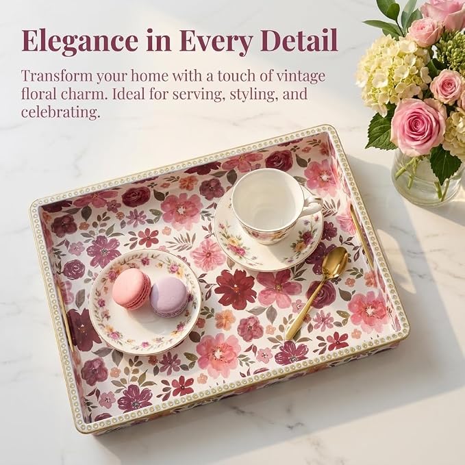 Rectangular Plastic Serving Tray with Handles, Burgundy Watercolor Floral Print with Gold Rim, Vintage Tray for Breakfast, Coffee, Tea, Home Decoration and Party, 15.7" x 11.8" x 1.57"