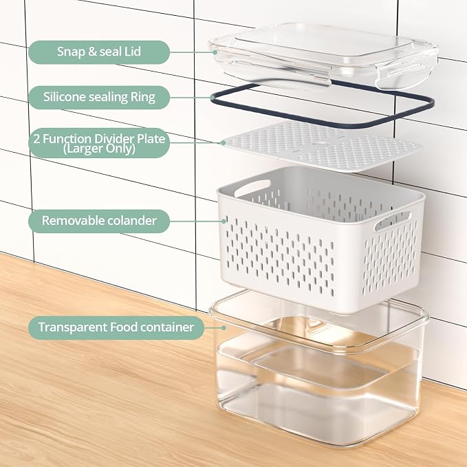 Fruit Storage Containers for Fridge with Removable Colander, 8 Pack Fruit Containers for Fridge with 2 Function Divider Plate, Airtight Storage Container to Keep Berry Fruit Fresh, Dishwasher Safe
