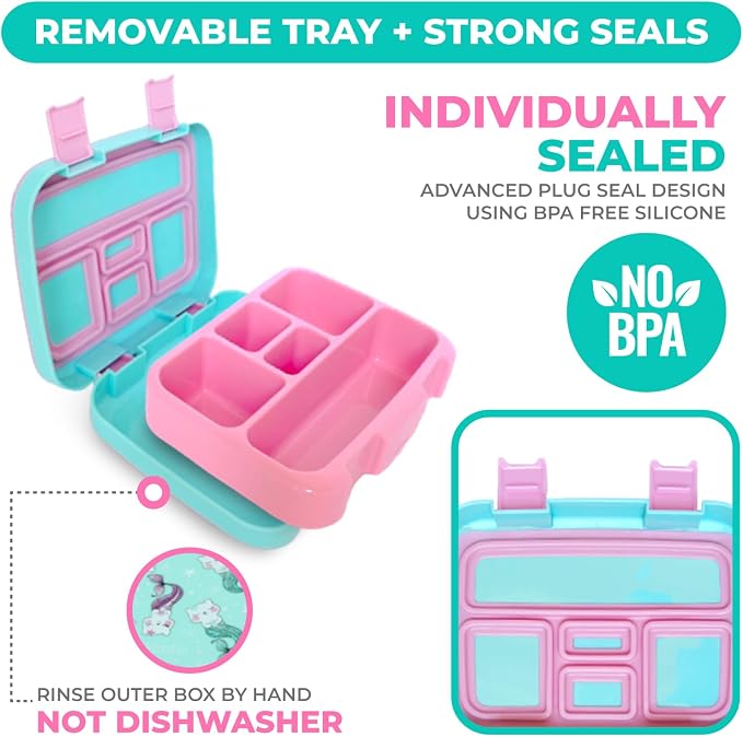 kinsho Bento Lunch Box Container for Small Kids, Boys, (Aqua Cat Mermaid) | 5 Portion Sections, BPA-Free Spill-Proof Leakproof Removable Plastic Tray, Snacks and Lunches for Toddlers Pre-School Daycare