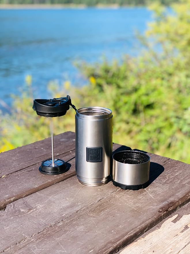BruTrek | OVRLNDR Travel French Press | 24 fl.oz Drinkable Lid | White | Double Wall Insulated, Easy To Clean Removable Bottom, No Spill Lid, On The Go Coffee Brewing (Snowflake White)