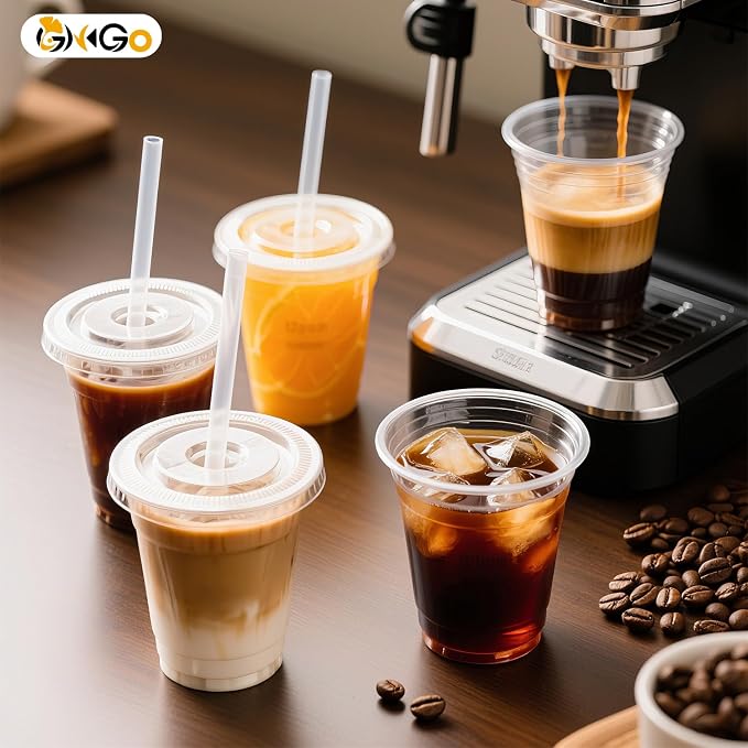Ginkgo 100 Pack 12 oz Plastic Iced Coffee Cups with Lids and Straws | Disposable Clear To Go Cups for Milkshakes and Cold Beverages, Coffee Bar Essentials for Home and Shops