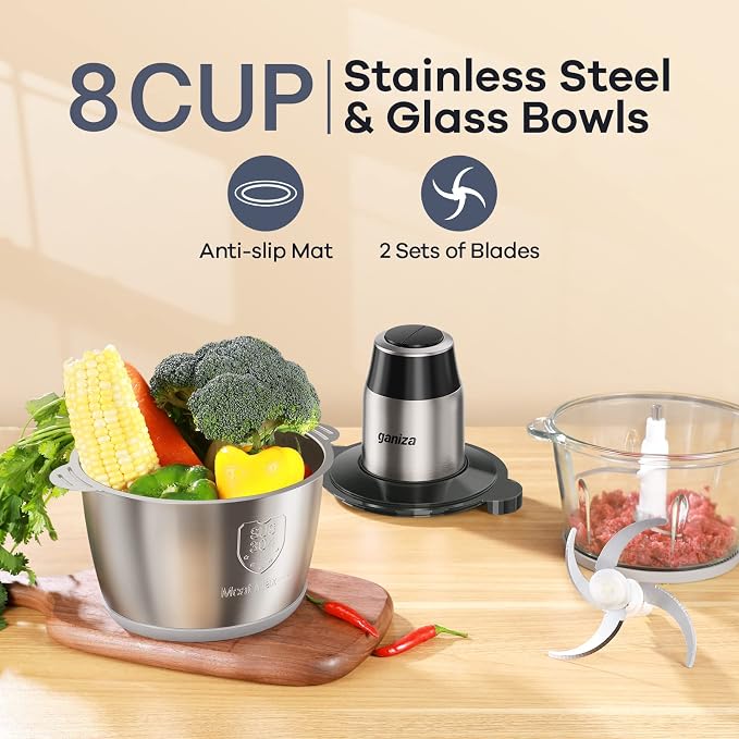 Ganiza Food Processors with 2 Bowls, 450W Meat Grinder Vegetable Chopper | 2-Speed Electric Food Chopper with 8 Cup Glass & 8 Cup Stainless Steel Bowls -Includes 2 Sets of Blades for Fruits/Meat/Nuts