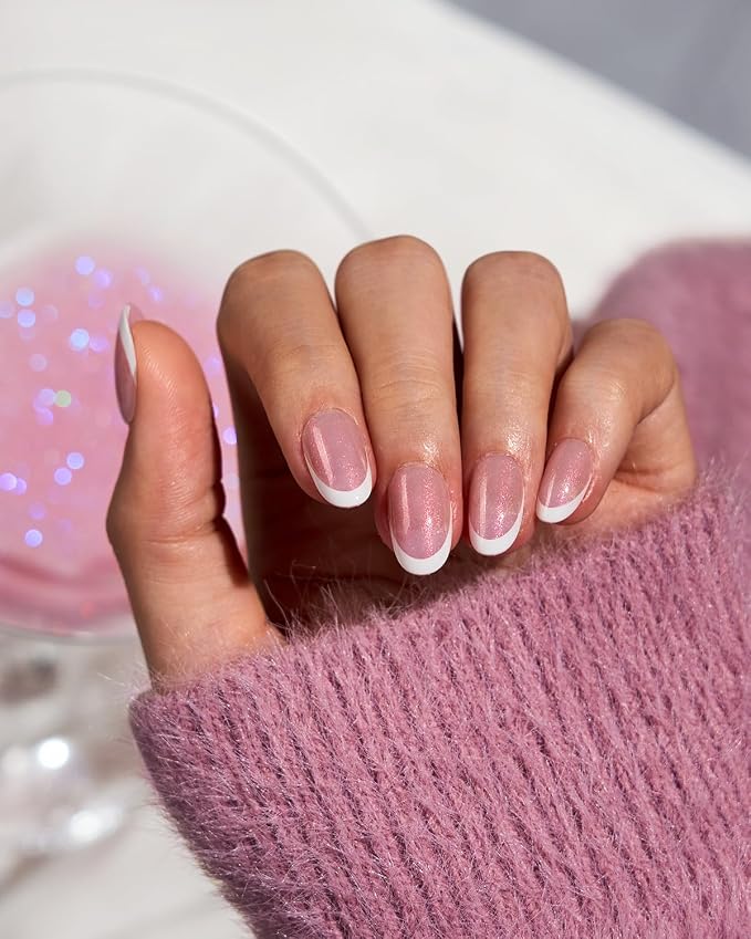 BTArtboxnails XCOATTIPS White French Tip Press On, XS Almond, Pink Glitter | Lamp-Curable 4-Week Wear, Salon Quality Value at Home, Natural Nail Look, Easy-to-Apply for Beginners, 96ct Nail Tips Only