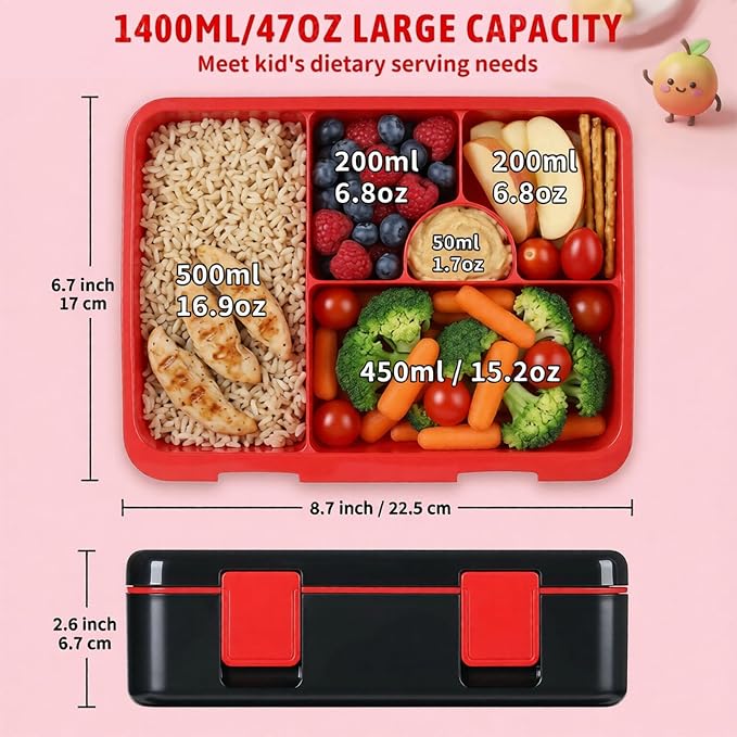 rockpapa Bento Box for Kids - Large 5.5 Cups Lunch Box with Utensils - 5 Compartments, BPA-Free, Leak Proof, Portable Handle for Boys Girls, Microwave/Dishwasher Safe (Black Games)