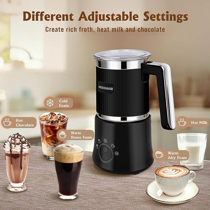 5-in-1 Electric Milk Frother, Automatic Milk Frother & Steamer for Hot & Cold Foam, Large Capacity Milk Warmer for Latte Cappuccino, Hot Chocolate Maker, Dishwasher Safe (Black)