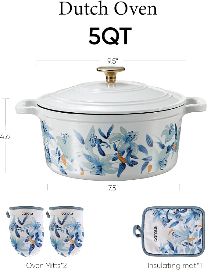 CAROTE 5QT Enameled Floral Cast Iron Dutch Oven Pot with Lid | Sourdough Bread Baking with Cotton Potholders & Oven Gloves, Gift Box, Cookware for Braising, Oven Safe up to 500° F