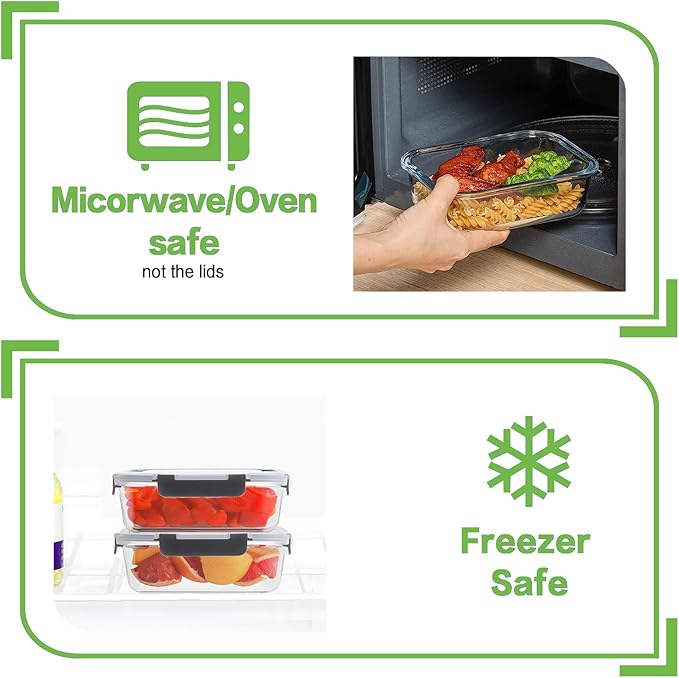 HOMBERKING 10-Pack Glass Meal Prep Containers, 36 oz/14 oz, Locking Lid Set | Borosilicate Glass Food Storage Containers Set, Airtight Lunch Bento Boxes, BPA-Free, Dishwasher Freezer, Oven Safe-Black