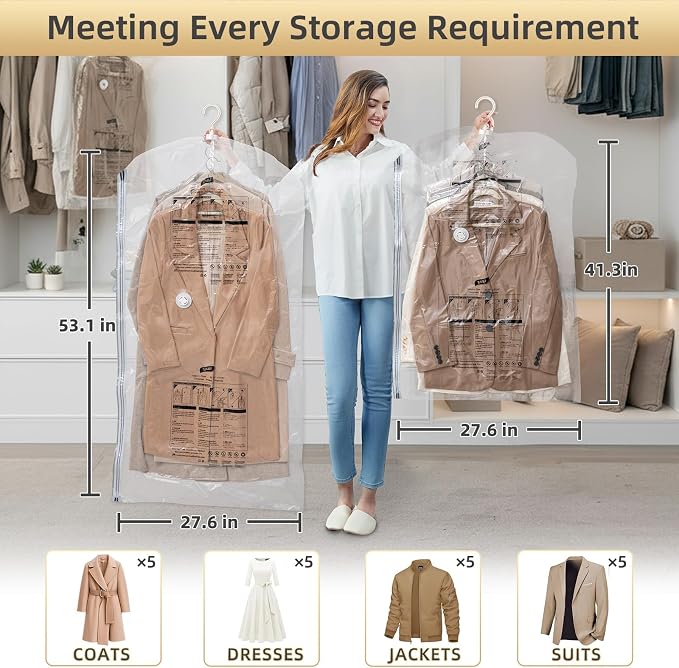 TAILI Hanging Vacuum Storage Bags for Clothes Space Saver 4 Combo Clear | Vacuum Seal Bags for Clothing Travel, Winter Clothes Storage Closet Organizers, Garment, Coats, Suits and Jackets