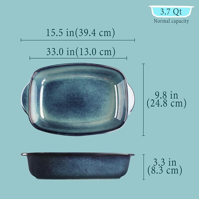 15.5 x 9.8-inch rectangular baking pan, 3.7-quart ceramic baking pan with handle, suitable for roasting vegetables/meats, lasagna, kitchen, and dining room.