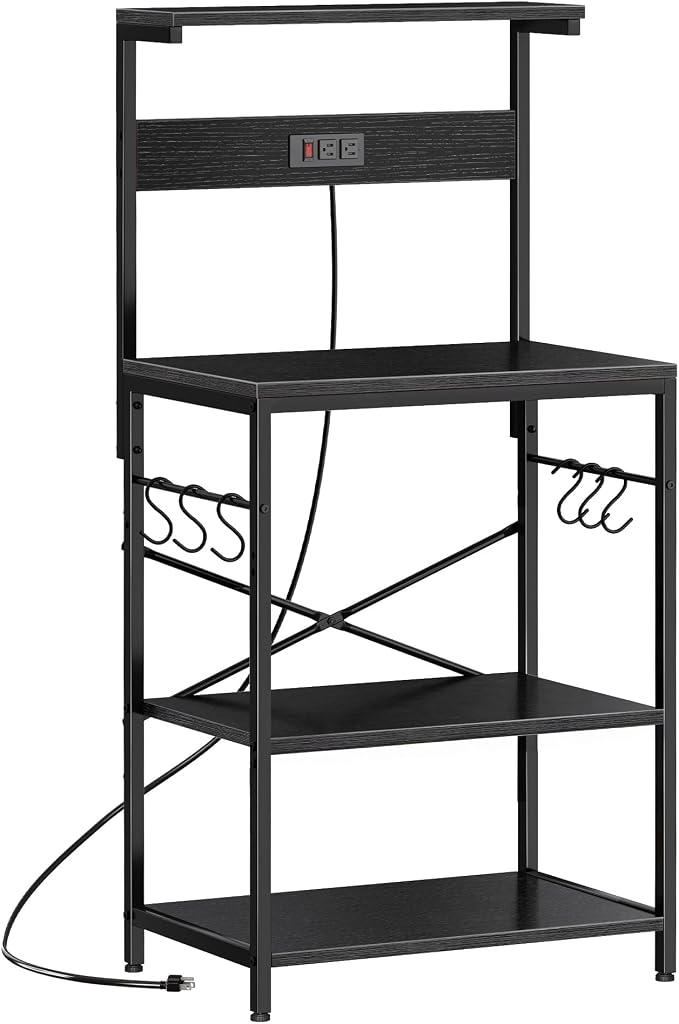 SUPERJARE Kitchen Bakers Rack with Power Outlet, Coffee Bar Table 4 Tiers, Kitchen Microwave Stand with 6 S-shaped Hooks, Storage Shelf Rack for Spices, Pots and Pans - Black