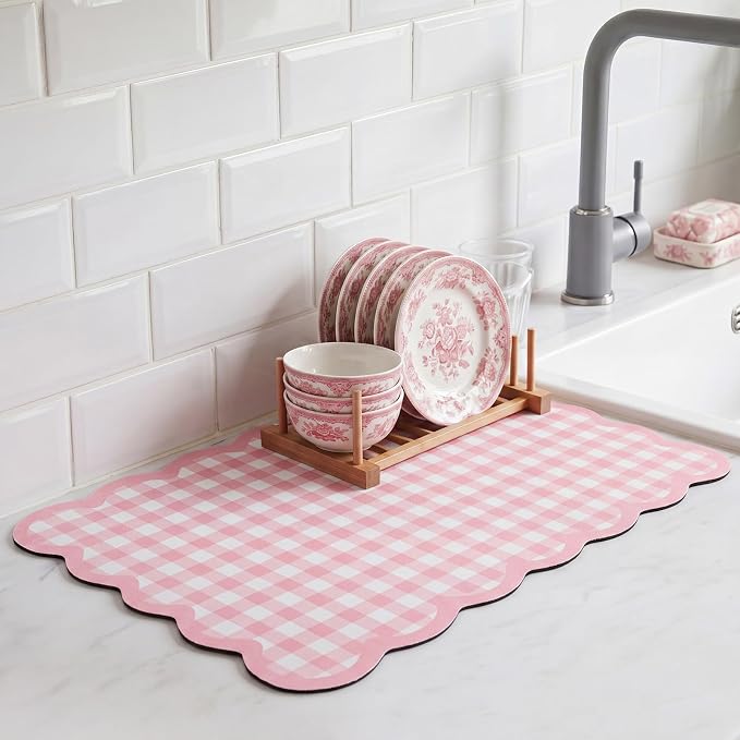 Pink Scalloped Gingham Coffee Mat 12" x 20" Absorbent Bar Mat | Gingham Espresso Matt with Non Slip Rubber Backing for Coffee Countertops