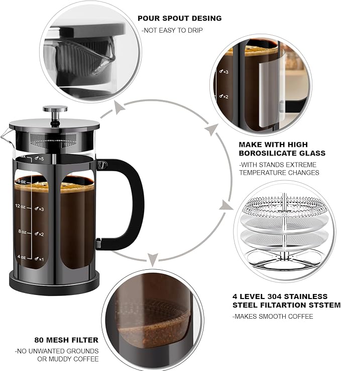 YMMIND French Press Coffee Maker (21oz 600ML 3-4Cup) Coffee Press, with 4 Filters System, Heat Resistant Thickness Borosilicate Glass, Cold Brew Coffee Tea Pot Gifts (Bright Black)