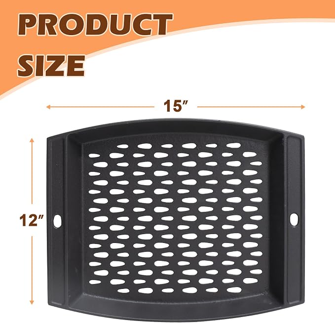 15"x12" Cast Iron Grill Basket for Outdoor Grills, Fish Veggie Grill Pan Tray, BBQ Grilling Pans Tray for Weber, Napoleon, Char-Broil, Royal Gourmet and Most Charcoal Smoker & Gas Grill