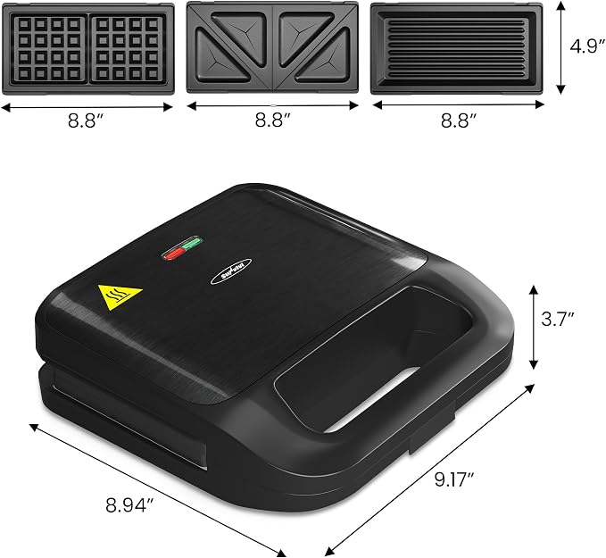 3 in 1 Electric Sandwich Maker with Removable Nonstick Plates - 750W,Black | for Belgian Waffle/Panini/Grill/Pancake Griddle/Breakfast,Dishwasher Safe,Cool Touch Handle,Easy to Clean & Store