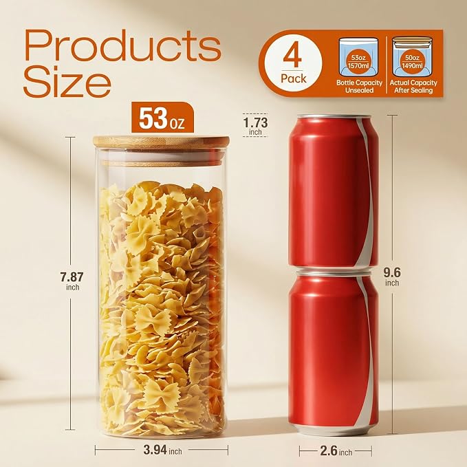53 oz Round Glass Food Storage Containers with Airtight Bamboo Lids, 4 Pack | Pantry Jars for Pasta, Rice, Sugar & Flour, Durable Borosilicate Glass Canisters Keep Food Dry & Fresh, Easy to Fill & Clean