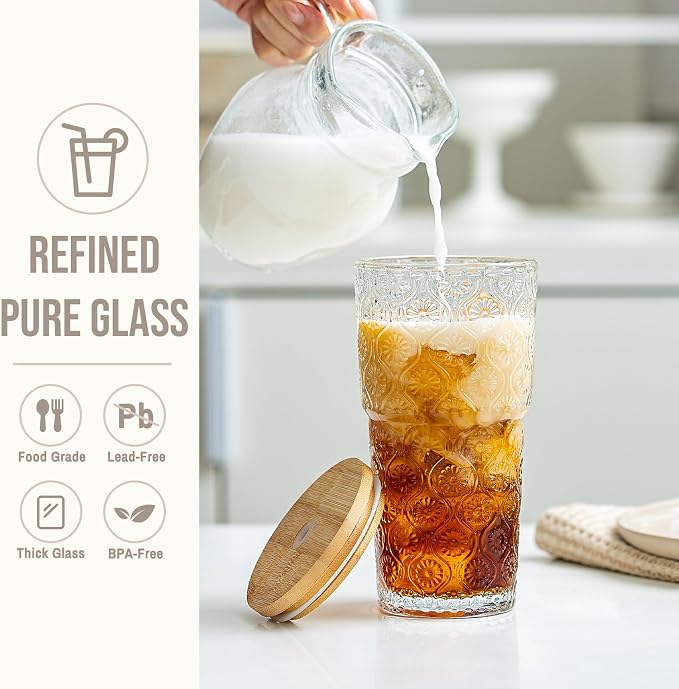 SoulTimes 20oz Begonia Flower Glass Tumbler with Bamboo Lid and Straw–Iced Coffee Glasses Cups for Smoothie, Matcha, Juice, Water etc. Leakproof and Reusable Glassware Drinking for Travel To Go [2Pcs]
