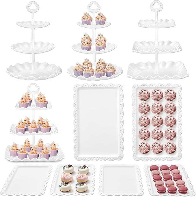 Kootek 10pcs Cupcake Stand Dessert Table Display Set Serving Tray for Party | 3-Tier Cupcake Stand, 6 Rectangular Trays, Hold 128 Standard Cupcakes, Cookie Display, BPA-Free, No Tools Required, Hand Wash