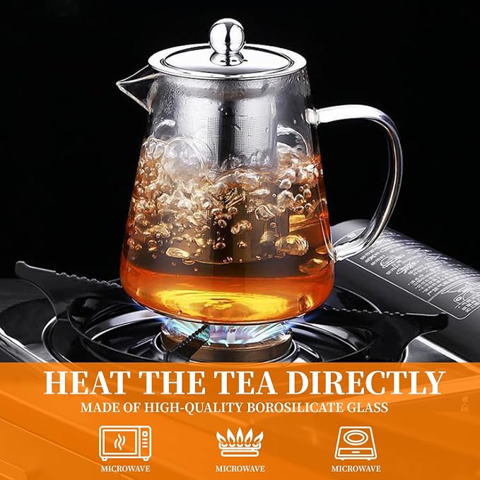 Glass Teapot with Stainless Steel Infuser, Borosilicate Tea Kettle, Clear Tea Maker for Loose Leaf Tea (950ML)