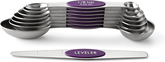 Spring Chef Stainless Steel Magnetic Measuring Spoons Set of 8, Purple | Metal Teaspoon & Tablespoon Measuring Spoons w/ Leveler for Dry & Liquid Ingredients, Measure Spoons for Baking & Cooking