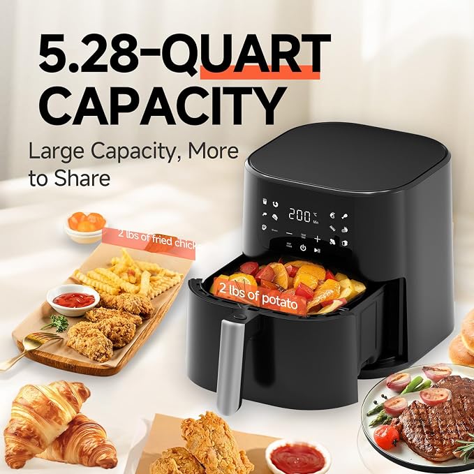 Qido Air Fryer, 5.28 QT Square Airfryer, 400°F Fast Heating Air Fryers Oven with One-Touch Presets, Auto-Off, Dishwasher-Safe Nonstick Basket, Multiple 8 in 1 Function, Black