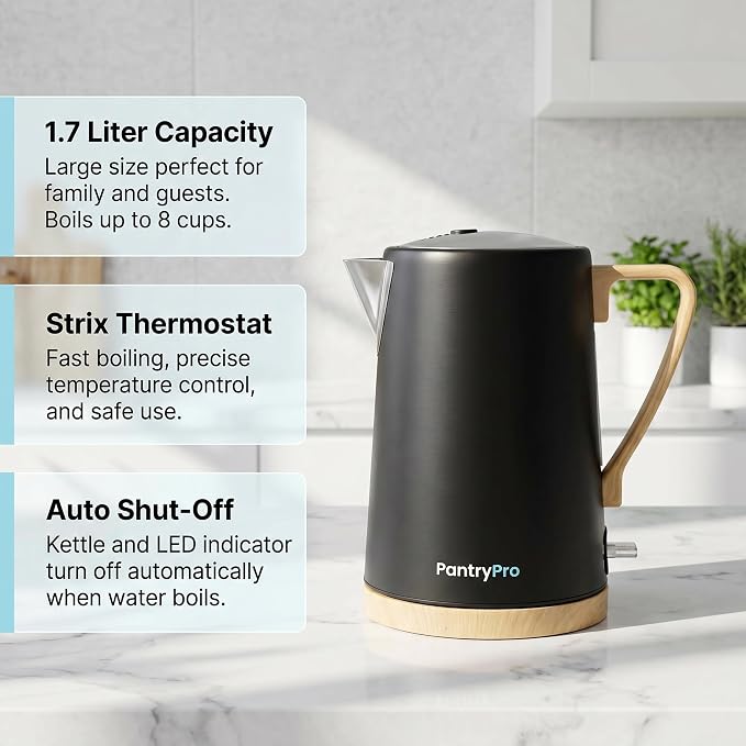 PantryPro 1.7L 1500W Rapid-Boil Electric Kettle - Stainless Steel Interior - Auto Shut-Off, Boil-Dry Protection, LED Indicator, Wide Opening - Black