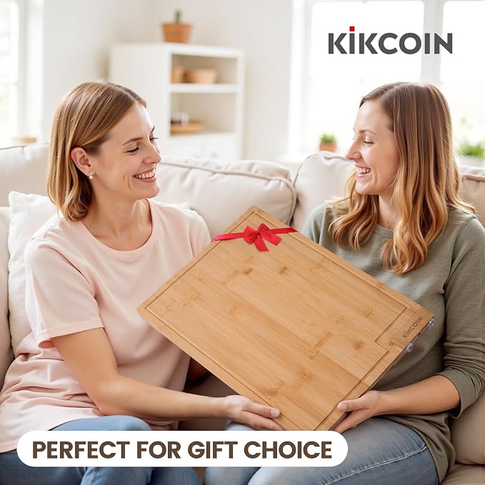 Kikcoin Bamboo Cutting Boards for Kitchen, Extra Large Wood Cutting Board with Rotating Kickstand & Juice Groove, Wooden Chopping Board for Meats Veges Fruits, Heavy Duty Serving Tray, 17 x 11.3 inch