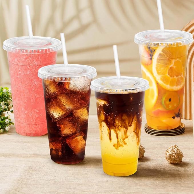 Clawsoff 100 Pack 24 oz Disposable Clear Plastic Cups with Lids and Straws | Leak-Proof Sturdy Cold Drink Cups for Iced Coffee, Smoothies, Juice, Parties & Business