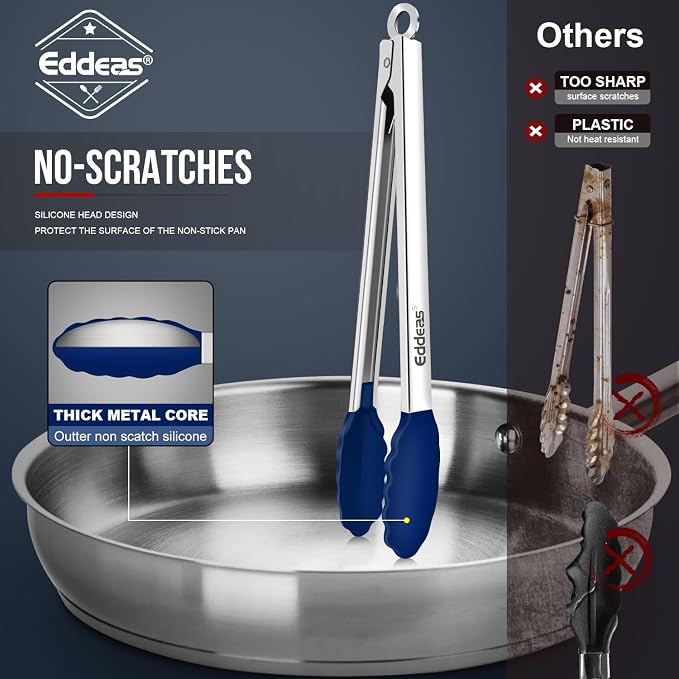 Tongs For Cooking - Silicone Metal Kitchen Tong 7" 9" & 12" Blue | 600°F Heat Resistant Silicone Tong, All Metal handle Locking Tongs with Silicone Tips, Heavy Duty Stainless steel