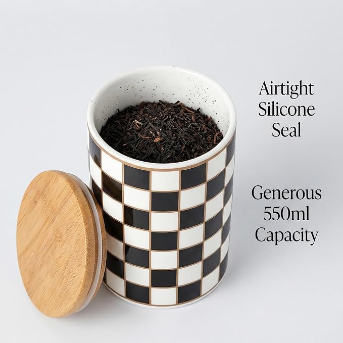1 Piece Ceramic Coffee Canister, Airtight Coffee Container with Lid for Kitchen Storage (12.8x9cm, Black Checkered)