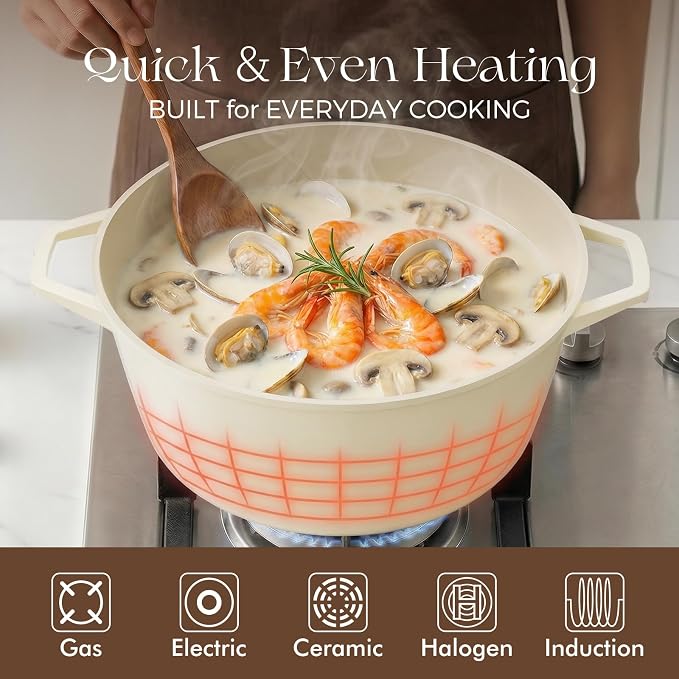 PRICUSIS Ceramic Nonstick Stock Pot with Silicone Rim Glass Lid, 4.5/7 QT Soup Pot Casserole, Cooking Pot, Induction Compatible, Dishwasher & Oven Safe, Ideal for Pasta, Bake & Stews, Coconut White