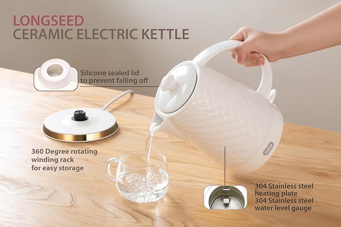 1.5L Ceramic Electric Kettle, 1200W Fast Boil Retro Tea Pot with LED Light, BPA-Free Porcelain Cordless Water Boiler, Auto Shut-Off & Boil-Dry Protection, White Relief Carving