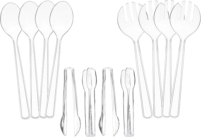 Set of 12 Heavy Duty Disposable Plastic Serving Utensils! 10” Spoons & Forks and 6-1/2” Tongs