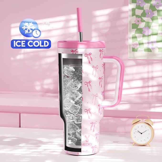 Meoky 40 oz Tumbler with Handle and Straw: Stainless Steel Insulated Tumbler with Lid and Straw - 100% Leak Proof Tumbler for Car Cup Holders - Travelers Commuters Workers, Bow
