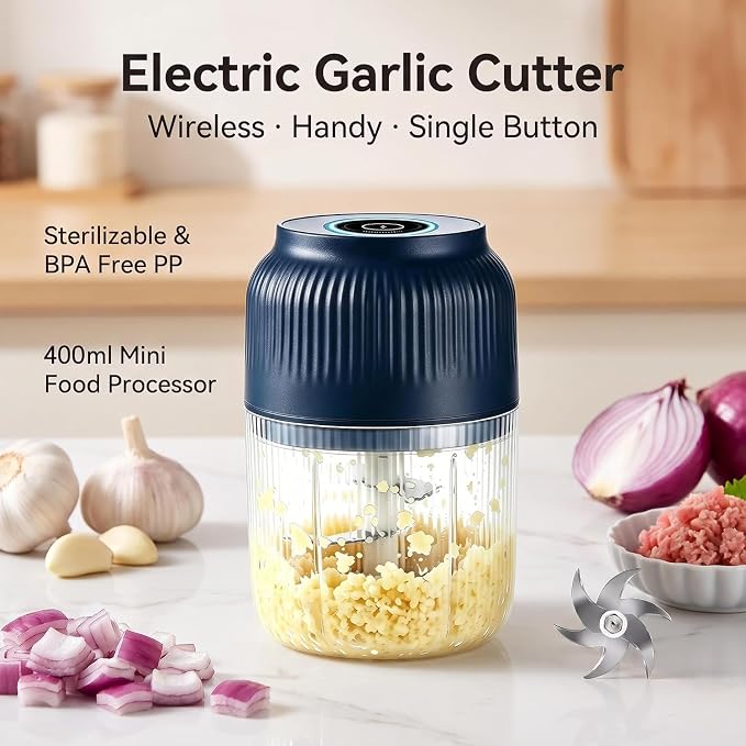 Electric Garlic Chopper, Mini Portable Veggie Chopper Garlic Mincer Onion Chopper, Rechargeable Cordless Food Processor & Food Chopper for Ginger Chili Nut Meat Vegetables, 400ml (Blue)